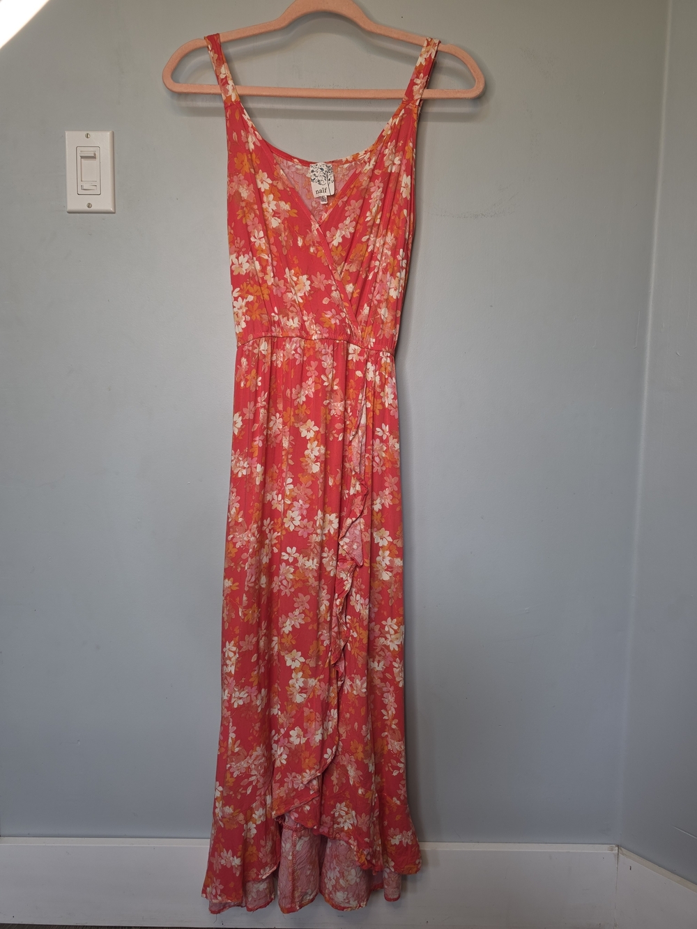 Naif Coral Floral Faux Wrap Maxi Dress Ruffle Hi Low Boho Summer Sundress L